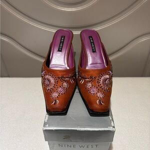 Nine West Women's Embroidered Brown Mules